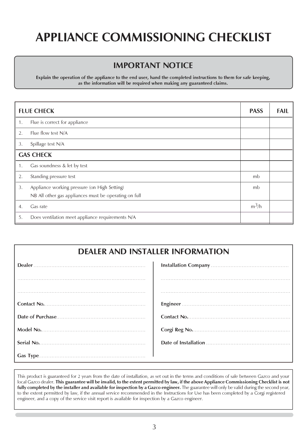 Stovax PR0919 manual Appliance Commissioning Checklist, Flue Check, Fail, Gas Check 